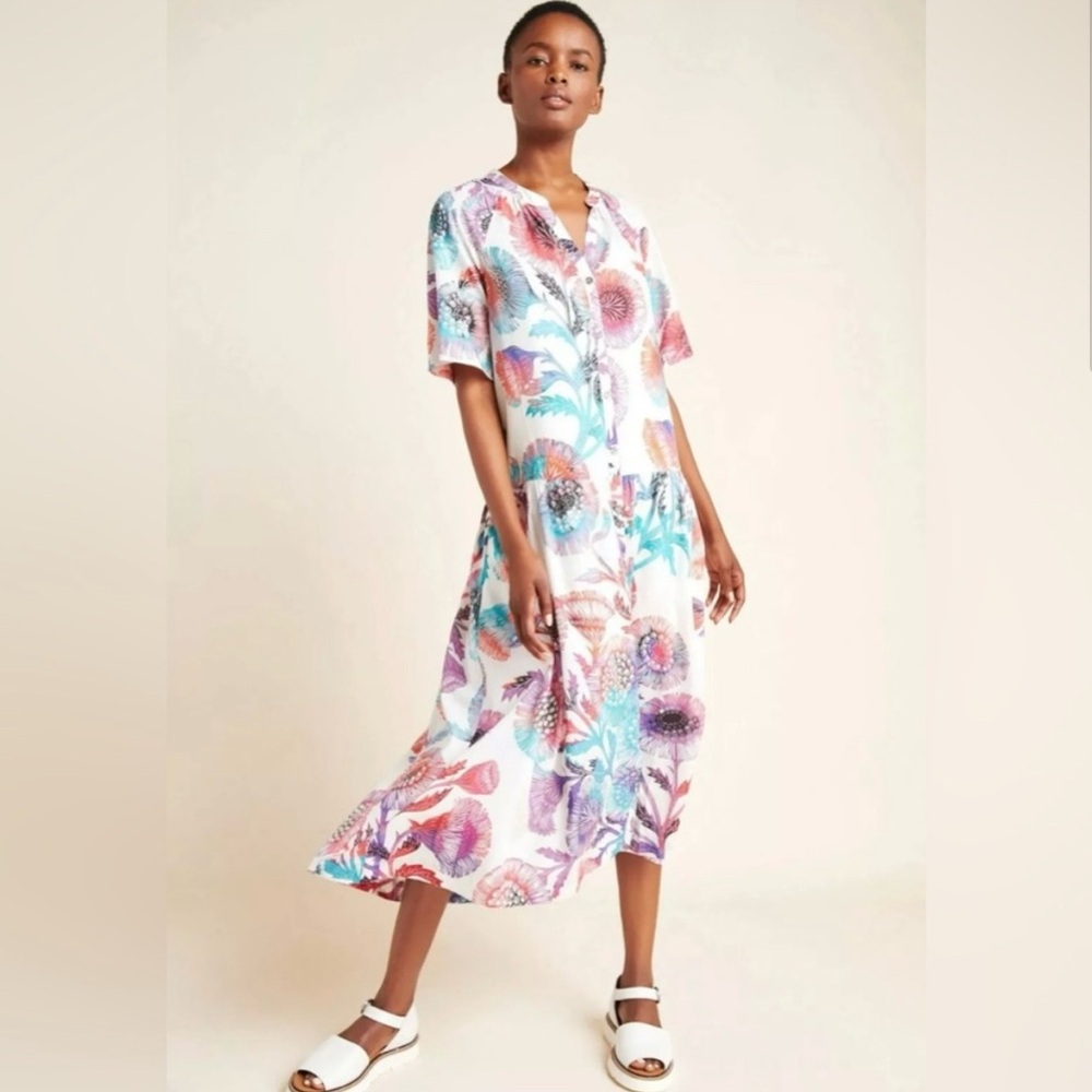 Anthropologie Tugboat Womens Small Azores Maxi Dress Floral‎ Drop Waist Flowey
